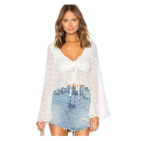 Lovers + Friends Lily White Gauzy Pom Pom Swiss Dot Bell Sleeve Top Size XS - Picture 1 of 14